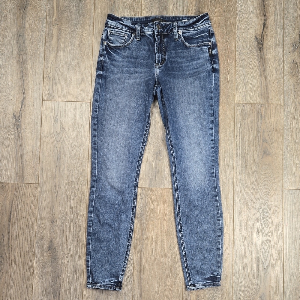 Silver Medium Wash Elyse Skinny Mid Rise Denim Blue Jeans, Size W27/L29